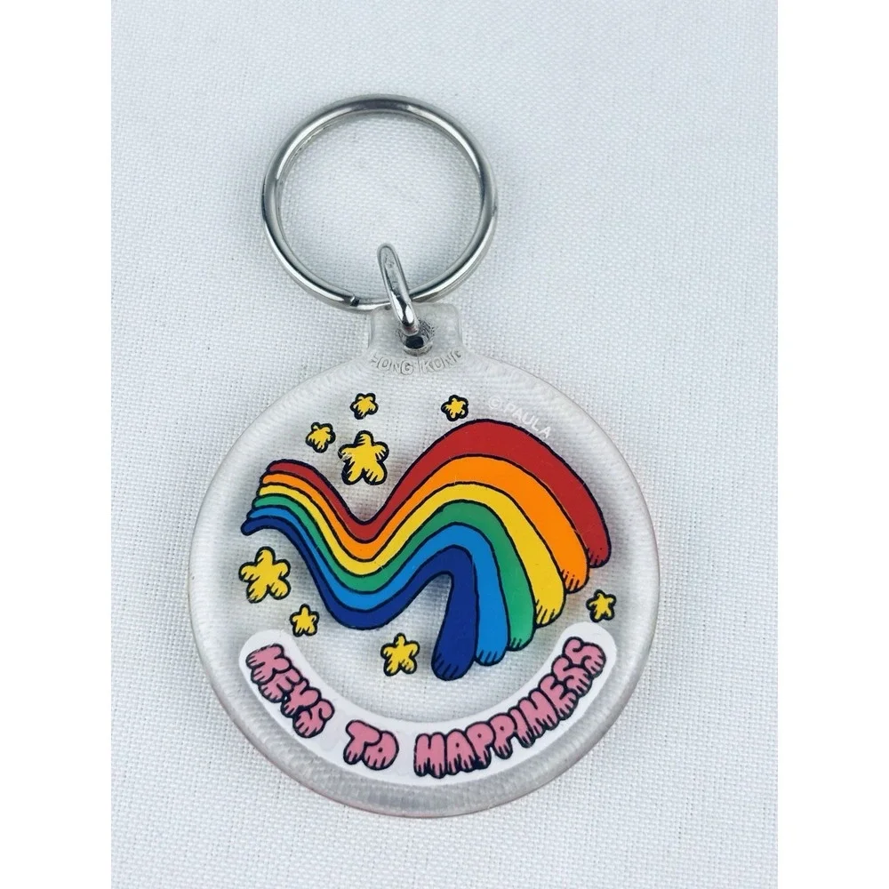 Vintage‎ Keys To Happiness Rainbow Stars Acrylic Round Keychain Key Ring